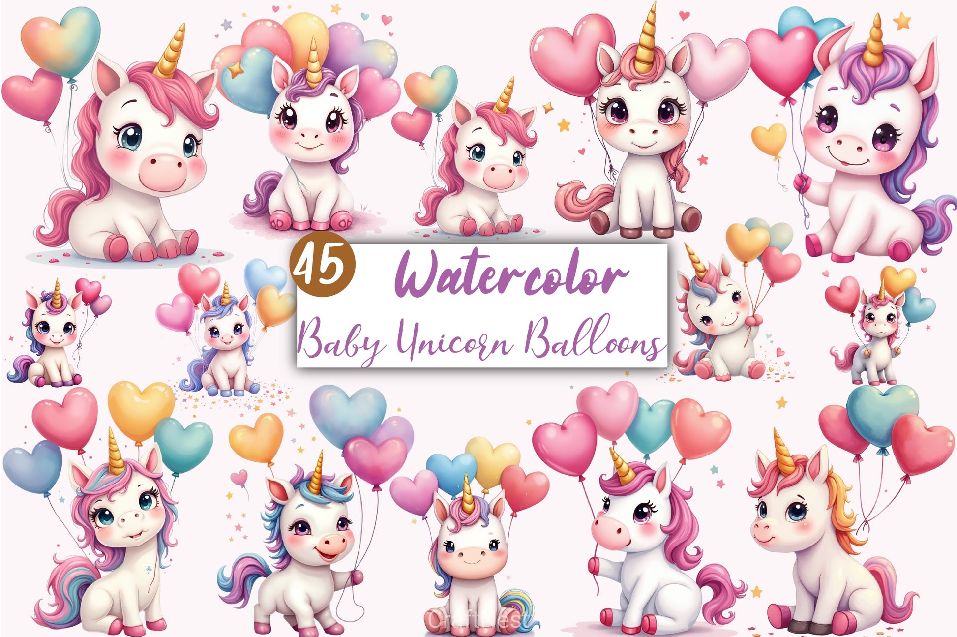 Baby Unicorn Heart Balloons Clipart Bundle - CraftNest - Digital Crafting and Art