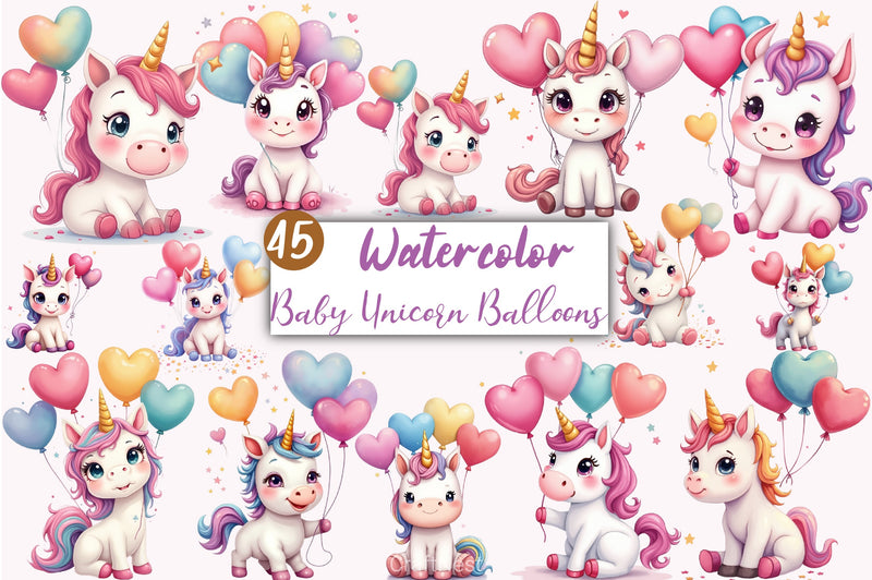Baby Unicorn Heart Balloons Clipart Bundle - CraftNest - Digital Crafting and Art