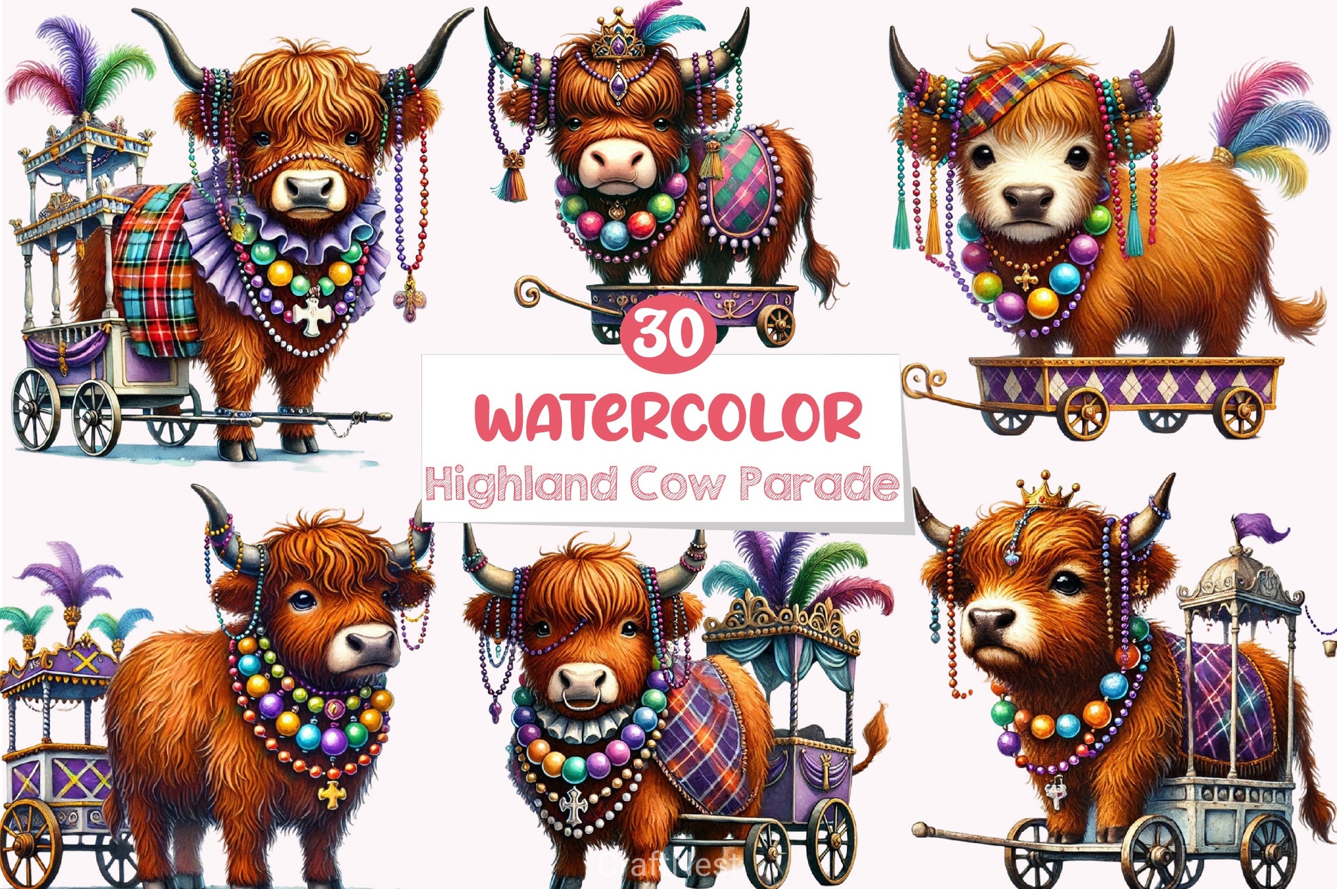 Mardi Gras Highland Cow Parade Clipart Bundle - CraftNest - Digital Crafting and Art