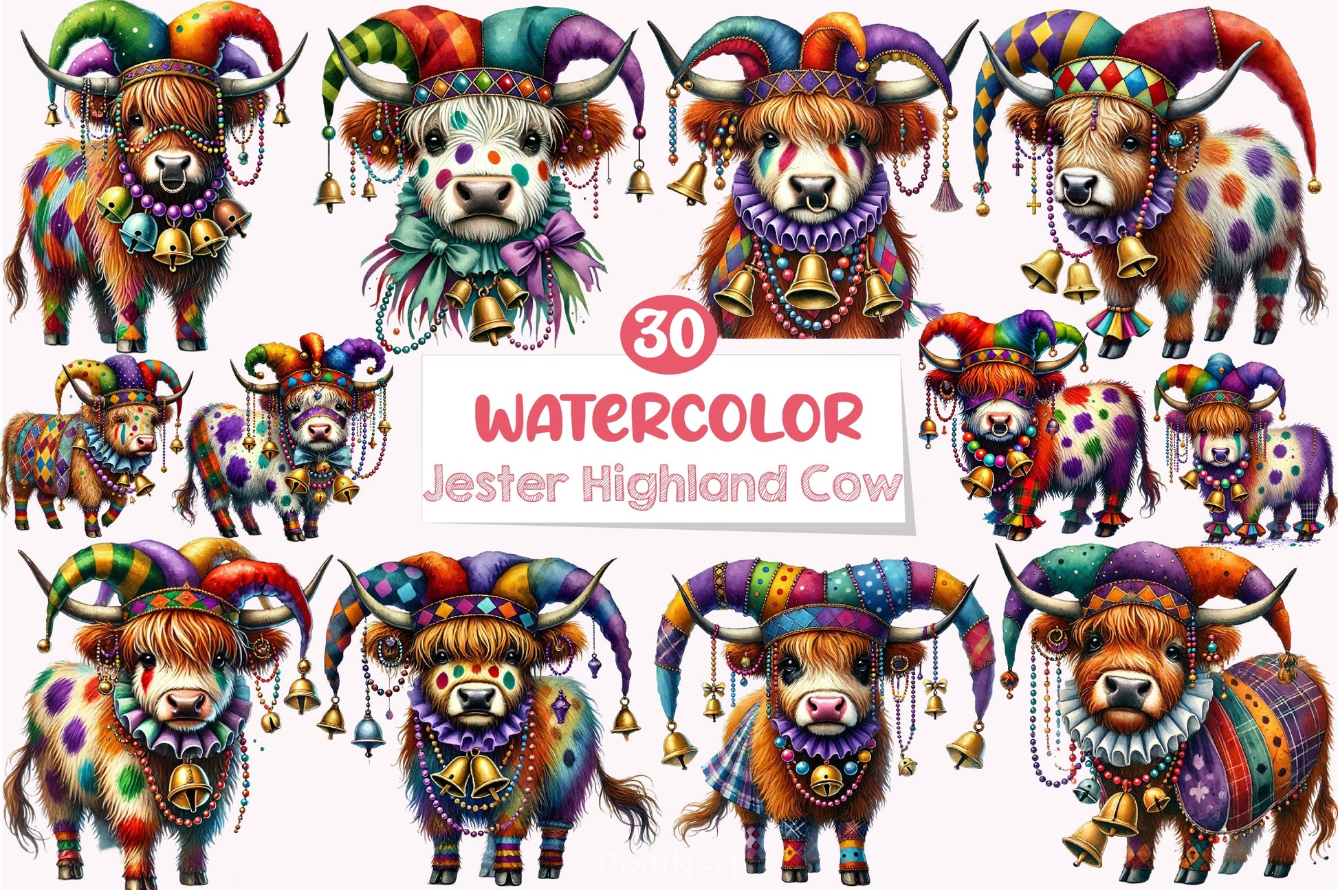 Mardi Gras Jester Highland Cow Clipart Bundle - CraftNest - Digital Crafting and Art