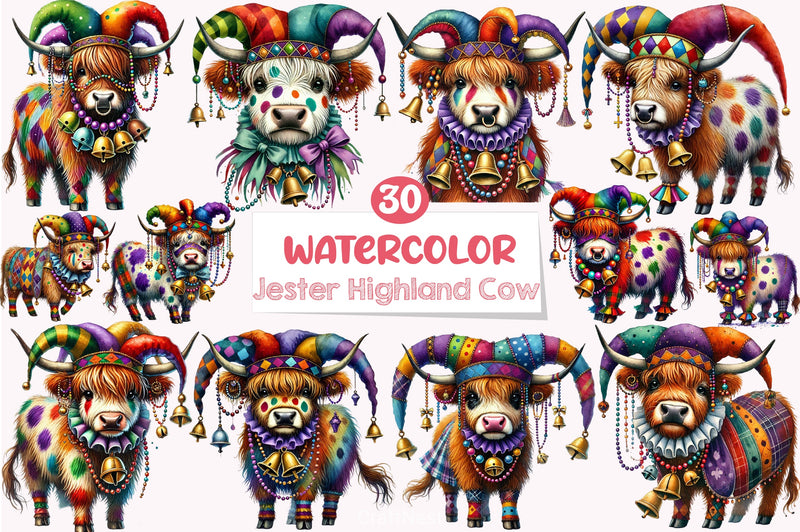 Mardi Gras Jester Highland Cow Clipart Bundle - CraftNest - Digital Crafting and Art