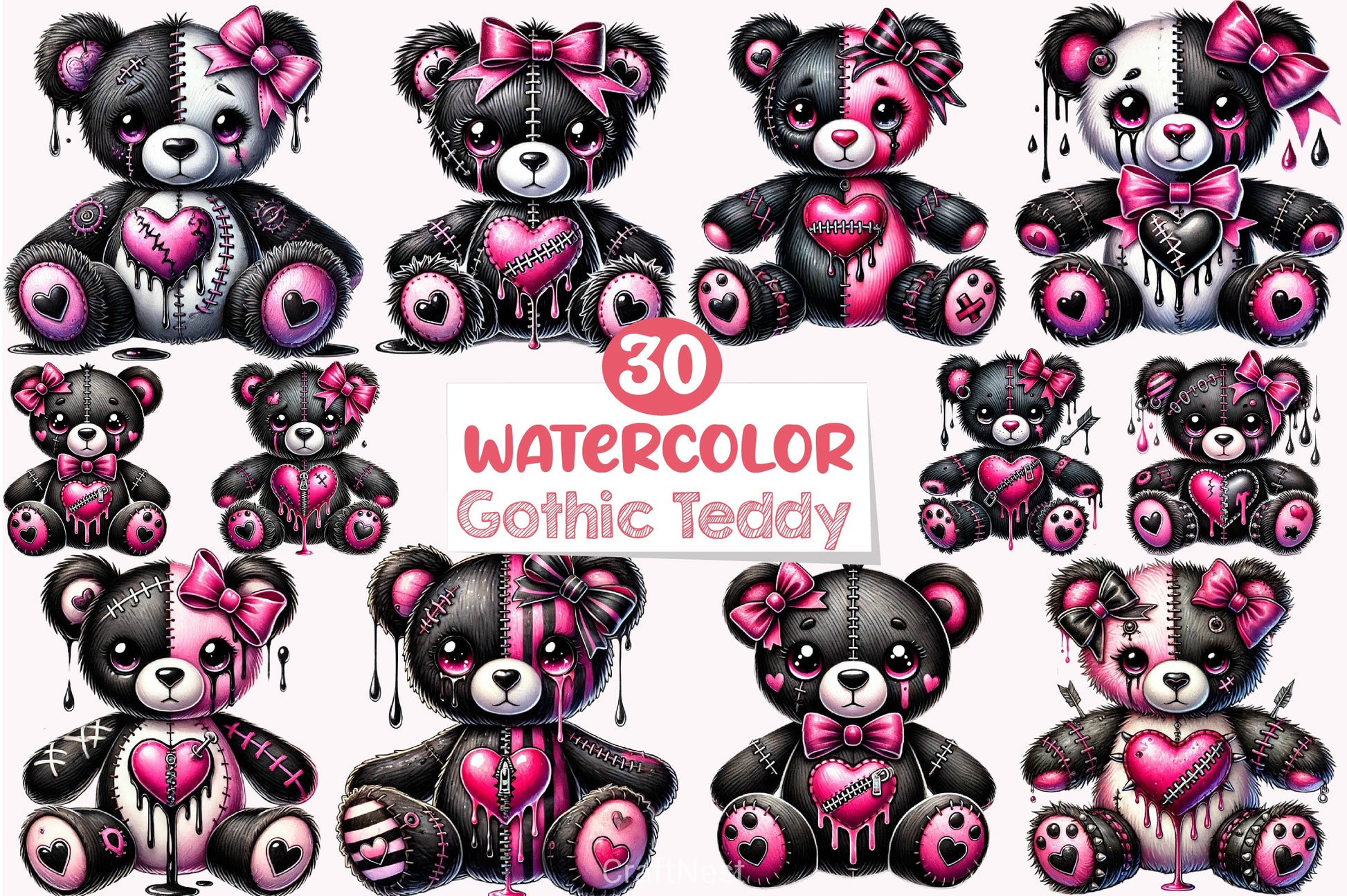 Valentine Gothic Teddy Bear Clipart Bundle - CraftNest - Digital Crafting and Art