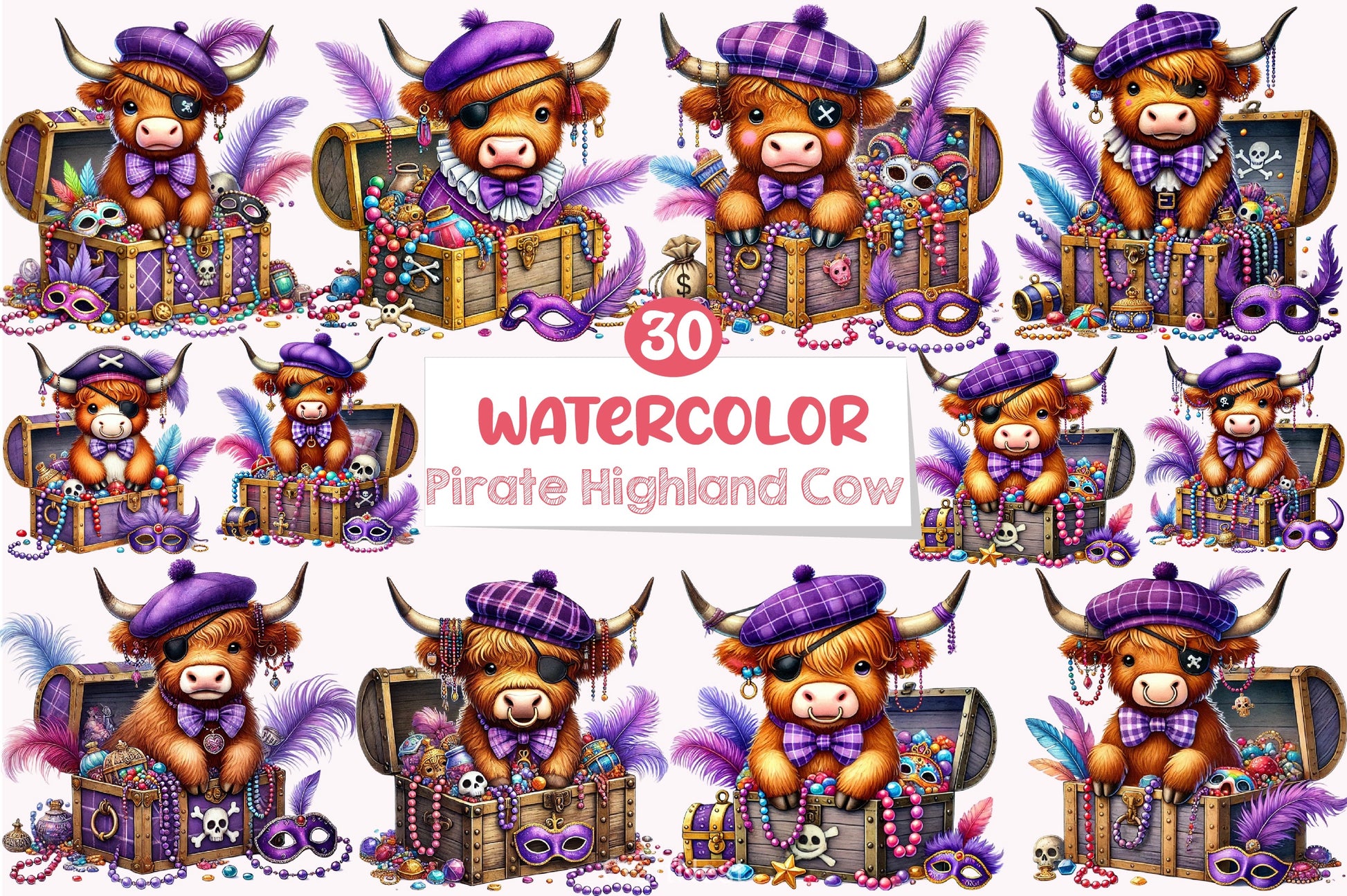 Mardi Gras Pirate Highland Cow Clipart Bundle - CraftNest - Digital Crafting and Art