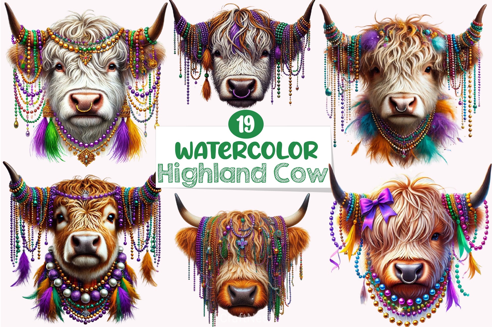 Mardi Gras Highland Cow Clipart Bundle - CraftNest - Digital Crafting and Art