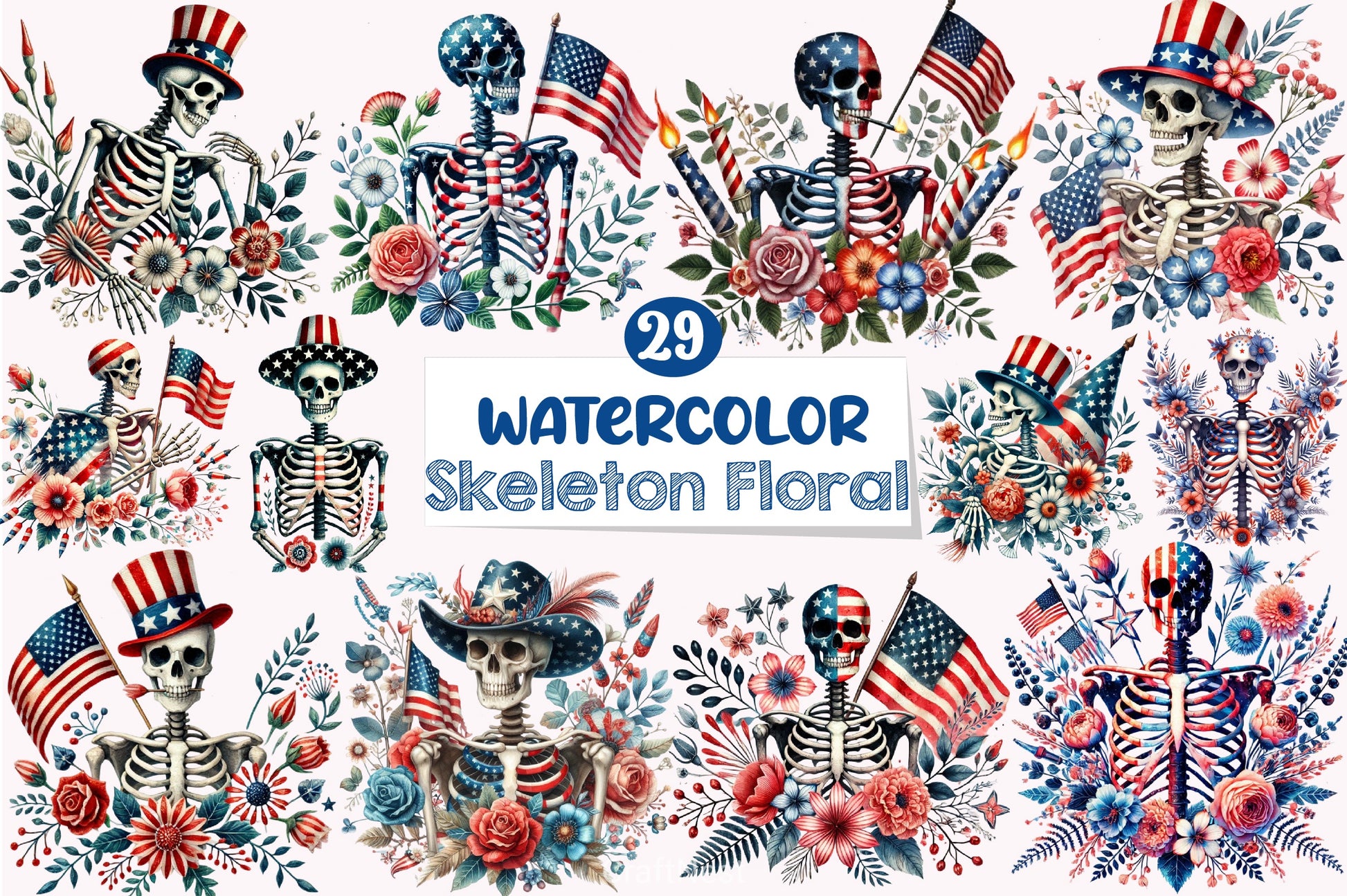 4th of July Skeleton Floral Clipart Bundle - CraftNest - Digital Crafting and Art