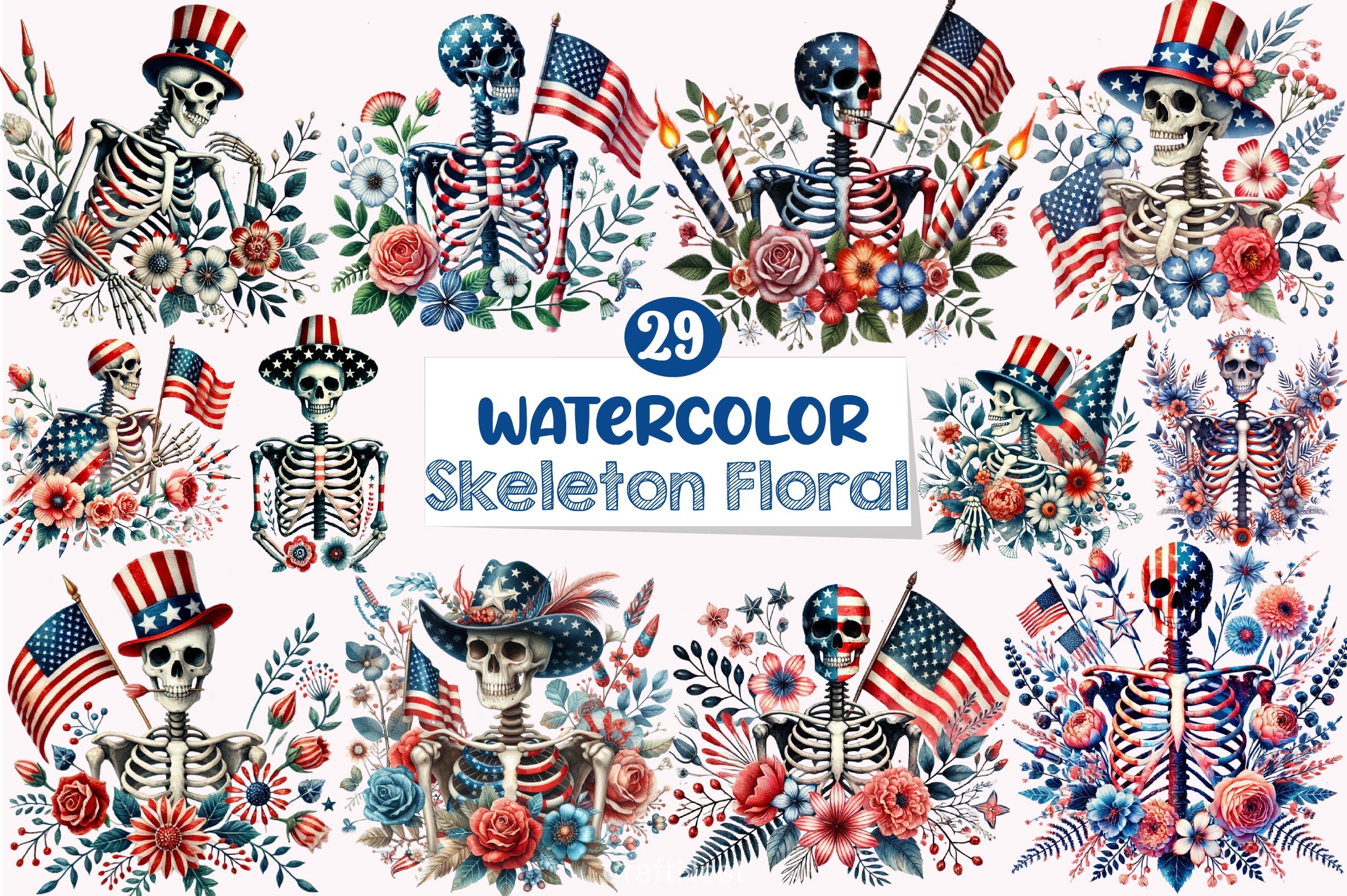 4th of July Skeleton Floral Clipart Bundle - CraftNest - Digital Crafting and Art