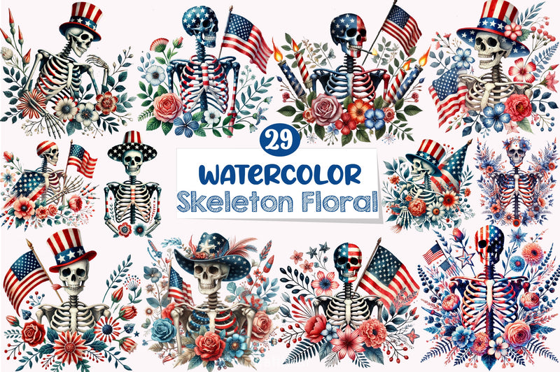 4th of July Skeleton Floral Clipart Bundle - CraftNest - Digital Crafting and Art