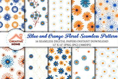 Blue Orange Floral Pattern Digital Paper - CraftNest - Digital Crafting and Art