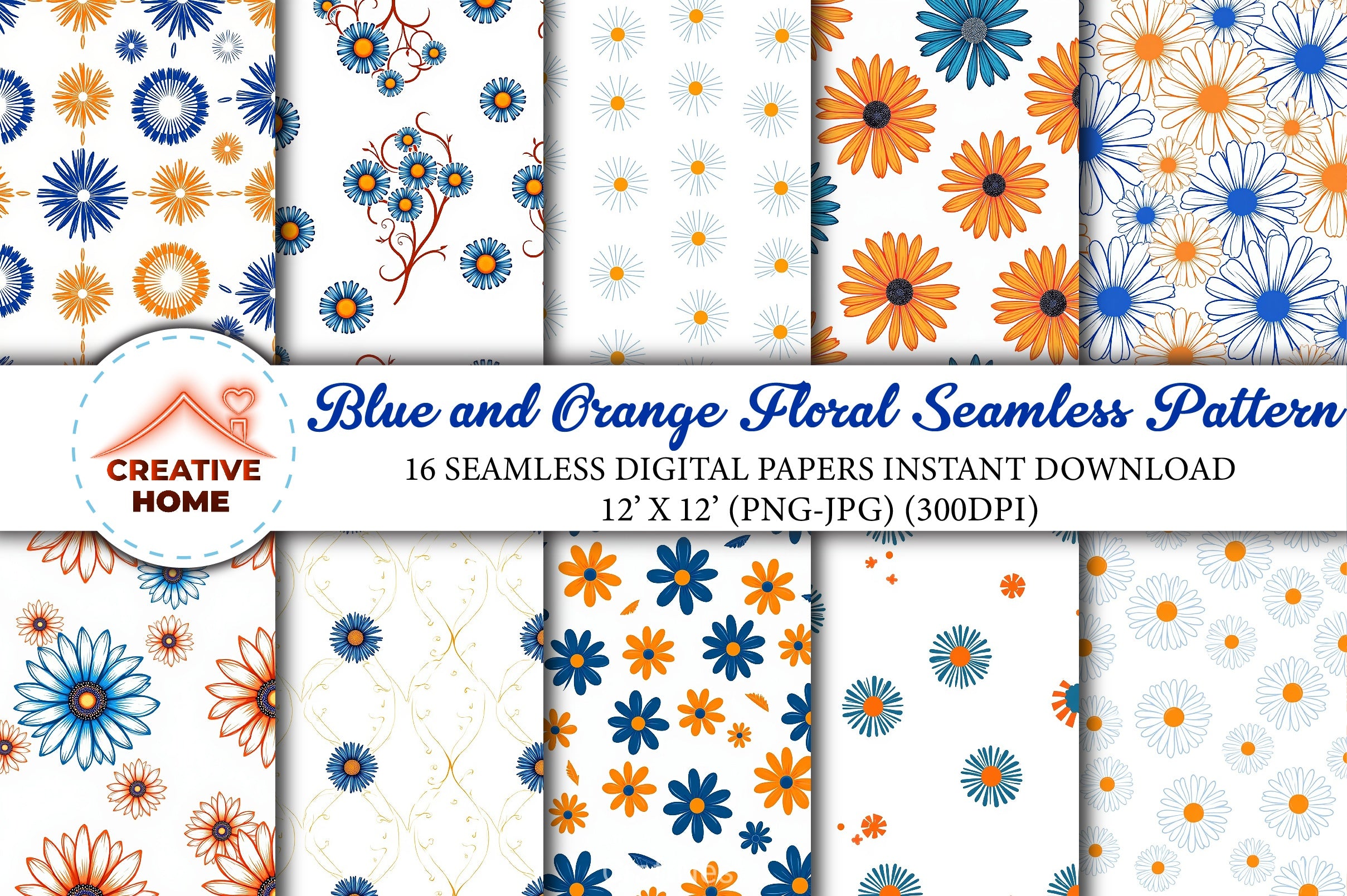 Blue Orange Floral Pattern Digital Paper - CraftNest - Digital Crafting and Art