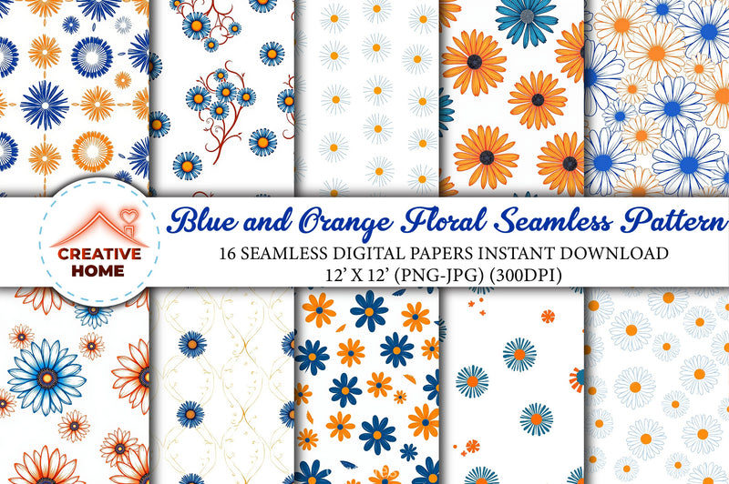 Blue Orange Floral Pattern Digital Paper - CraftNest - Digital Crafting and Art