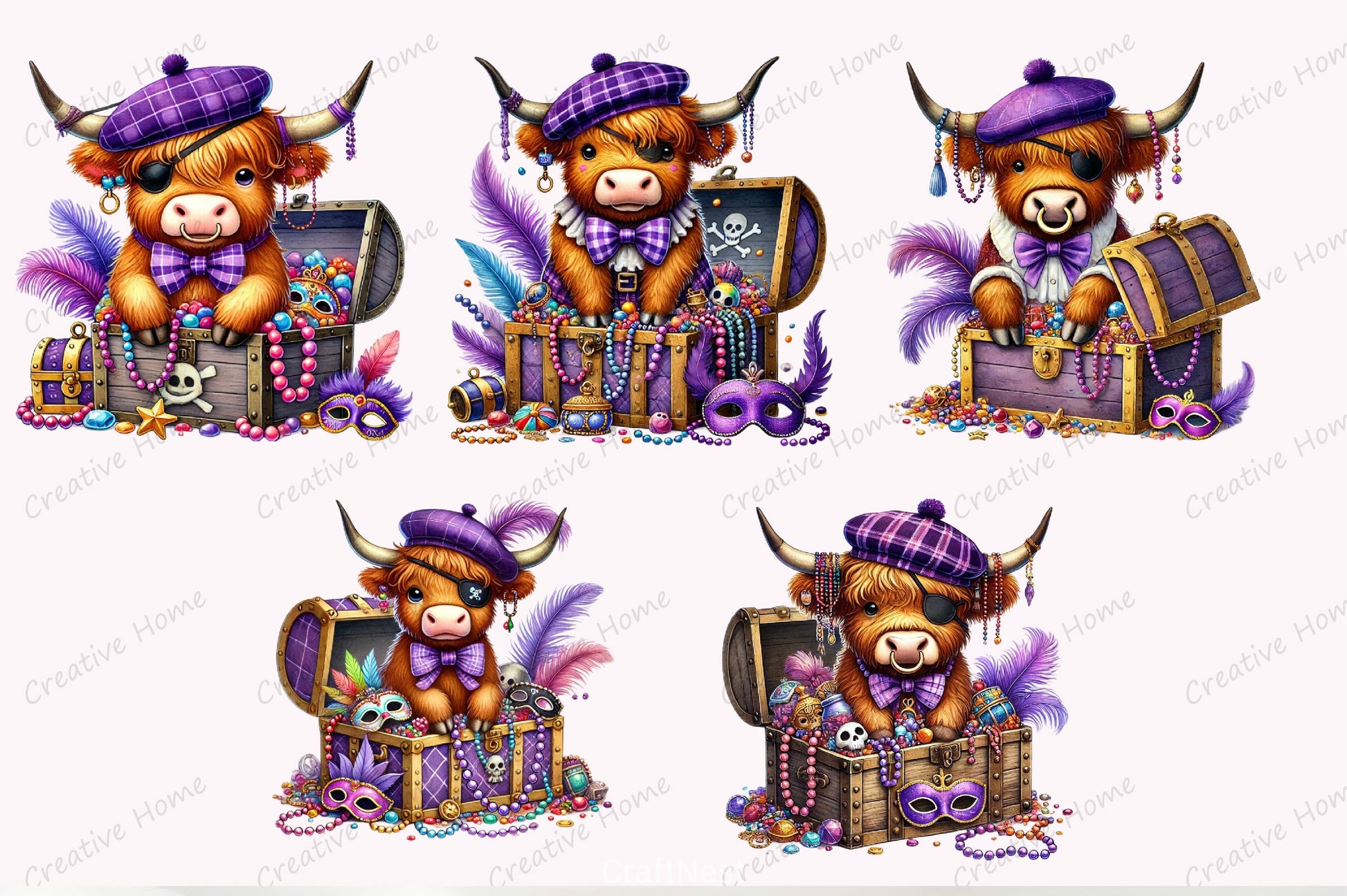 Mardi Gras Pirate Highland Cow Clipart Bundle - CraftNest - Digital Crafting and Art