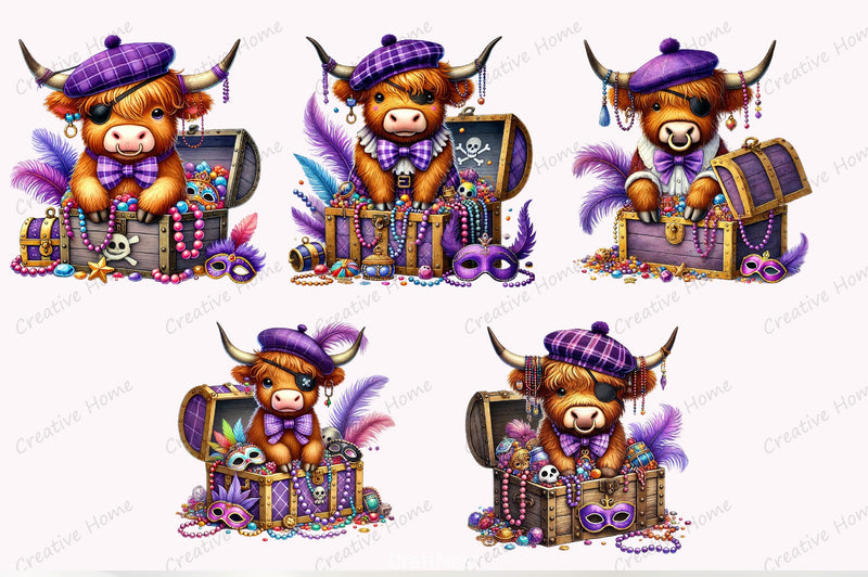 Mardi Gras Pirate Highland Cow Clipart Bundle - CraftNest - Digital Crafting and Art