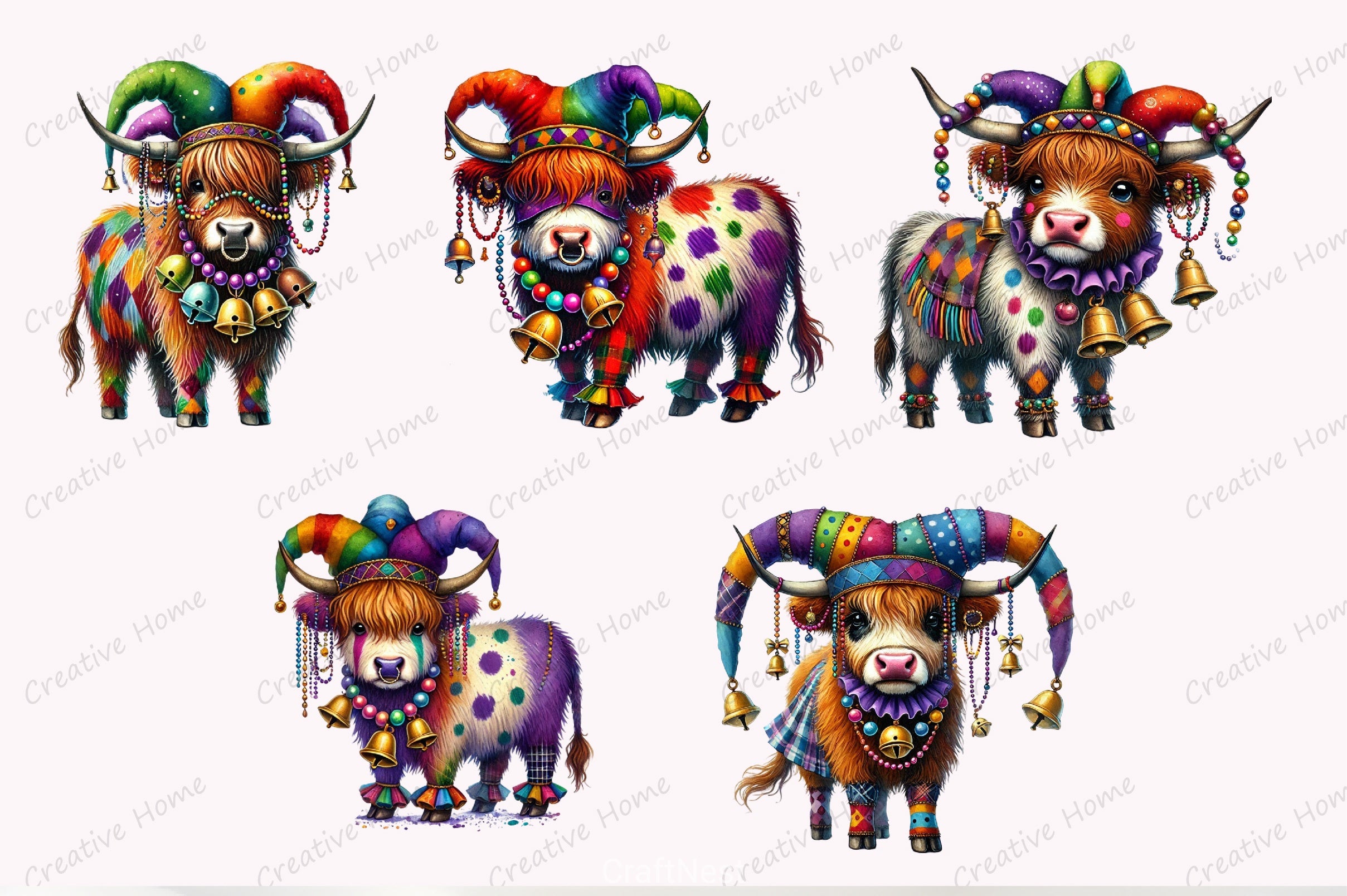 Mardi Gras Jester Highland Cow Clipart Bundle - CraftNest - Digital Crafting and Art