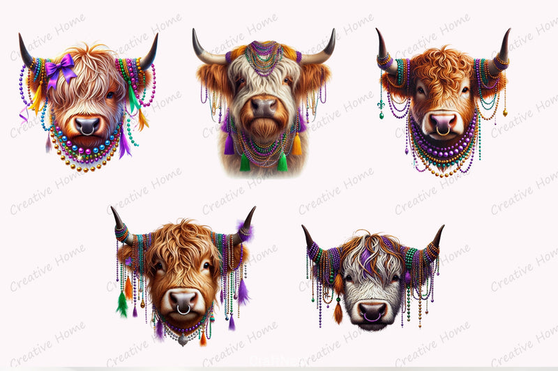 Mardi Gras Highland Cow Clipart Bundle - CraftNest - Digital Crafting and Art
