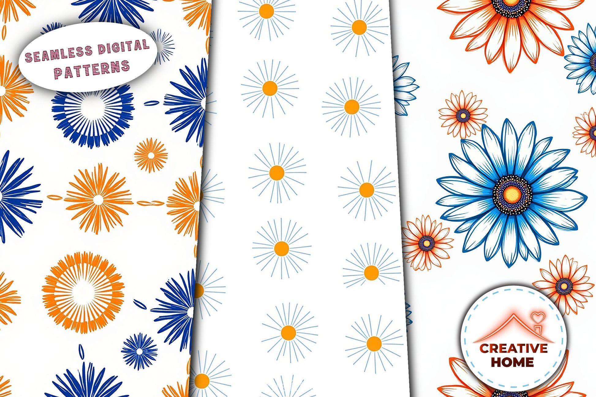 Blue Orange Floral Pattern Digital Paper - CraftNest - Digital Crafting and Art