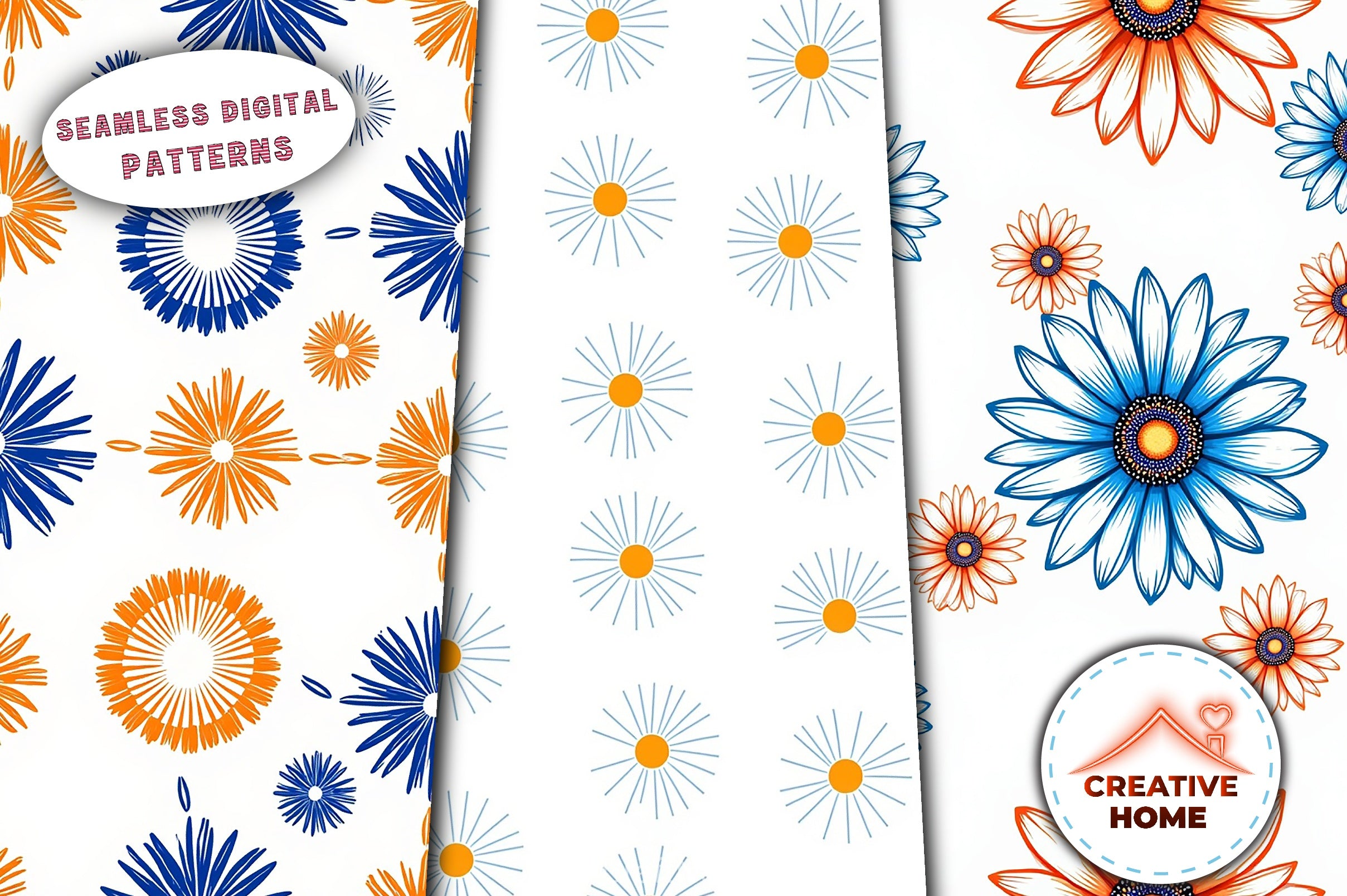 Blue Orange Floral Pattern Digital Paper - CraftNest - Digital Crafting and Art