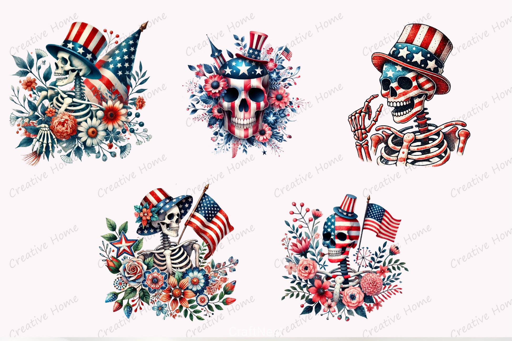 4th of July Skeleton Floral Clipart Bundle - CraftNest - Digital Crafting and Art