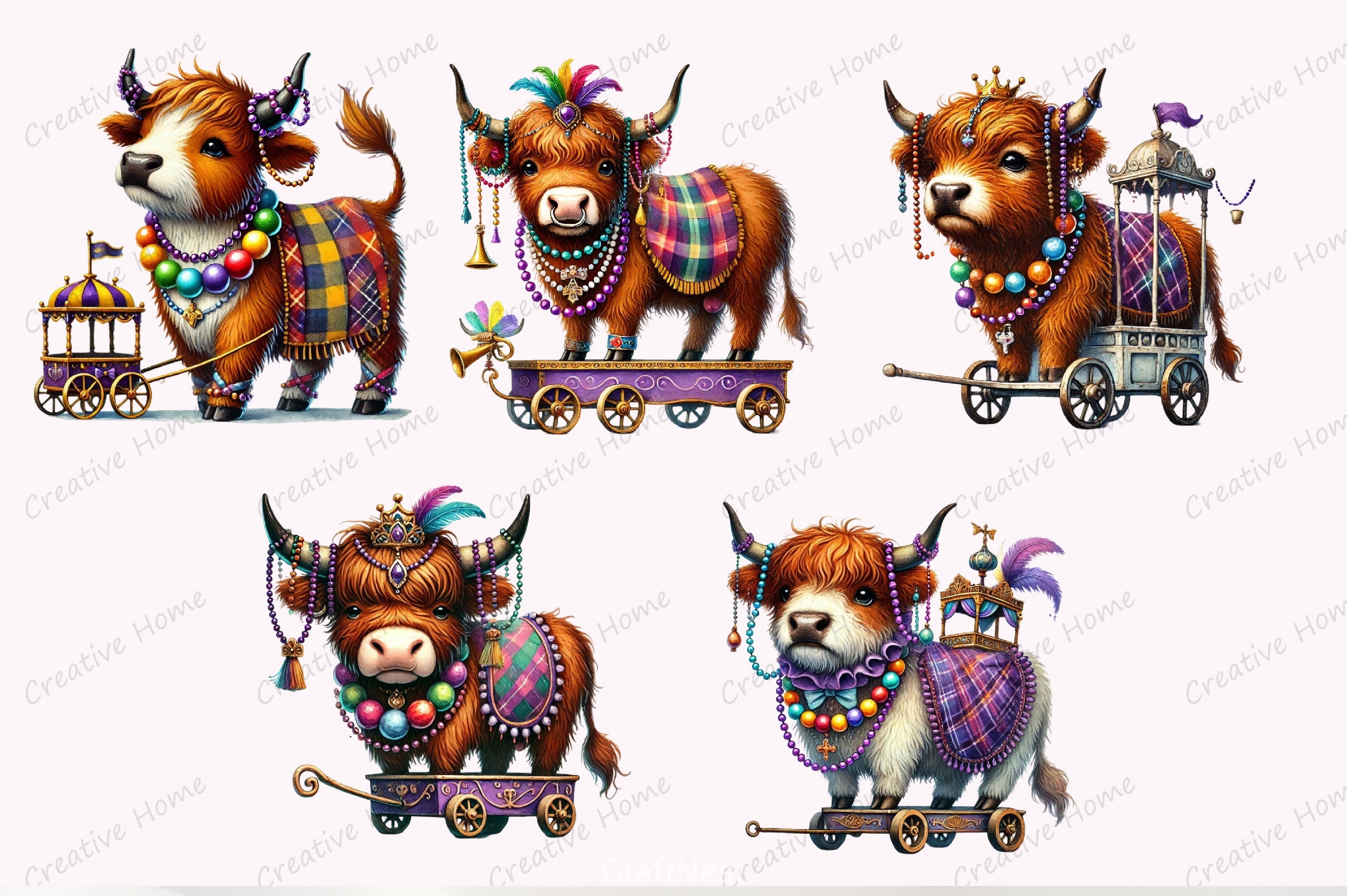 Mardi Gras Highland Cow Parade Clipart Bundle - CraftNest - Digital Crafting and Art