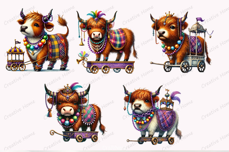 Mardi Gras Highland Cow Parade Clipart Bundle - CraftNest - Digital Crafting and Art