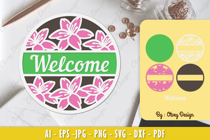 Lily Flower Welcome Sign Layered Lasercut SVG Bundle - CraftNest - Digital Crafting and Art