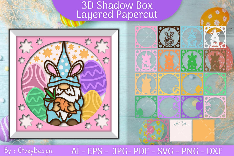 Gnome Easter 3D Shadow Box Layered Papercut SVG Bundle 1 - CraftNest - Digital Crafting and Art