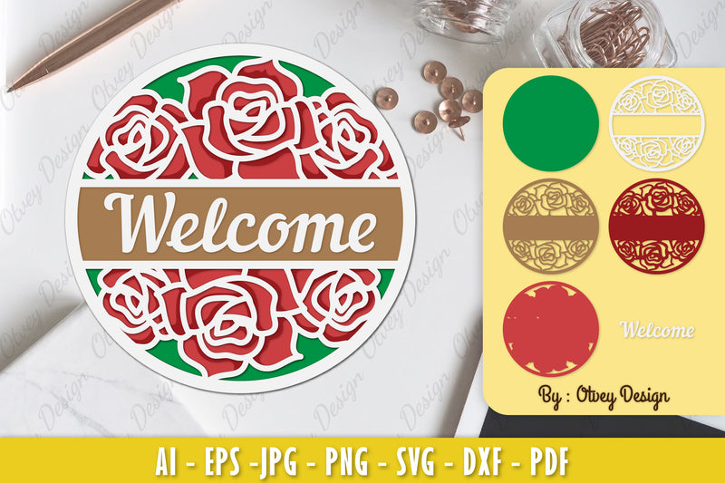 Rose Flower Welcome Sign Layered Lasercut SVG Bundle - CraftNest - Digital Crafting and Art