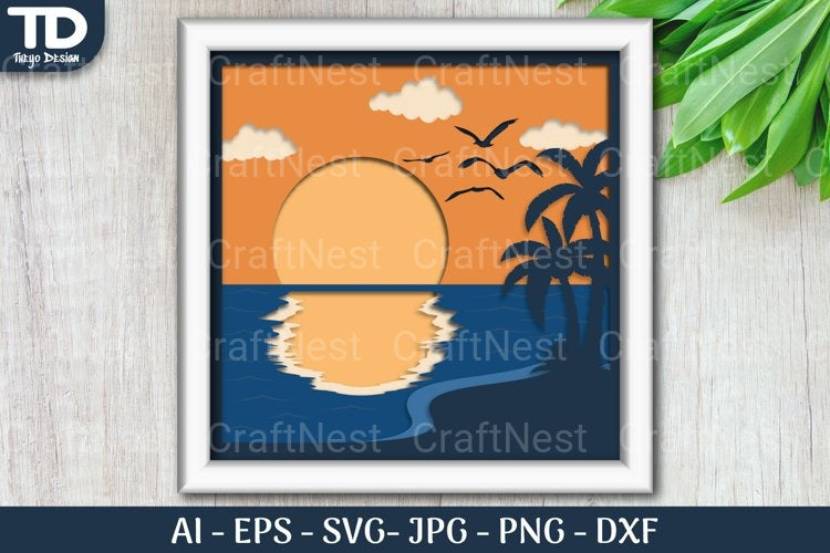 Tropical Beach Sunset D Shadow Box Scene Papercut SVG