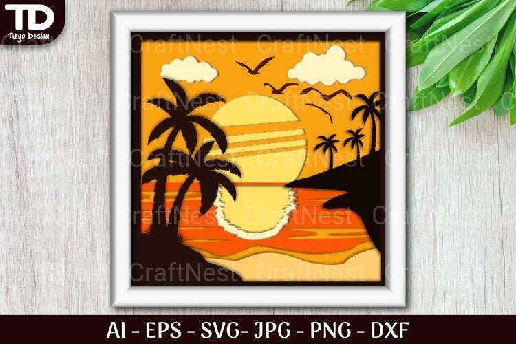 Tropical Beach Sunset D Shadow Box Scene Papercut SVG