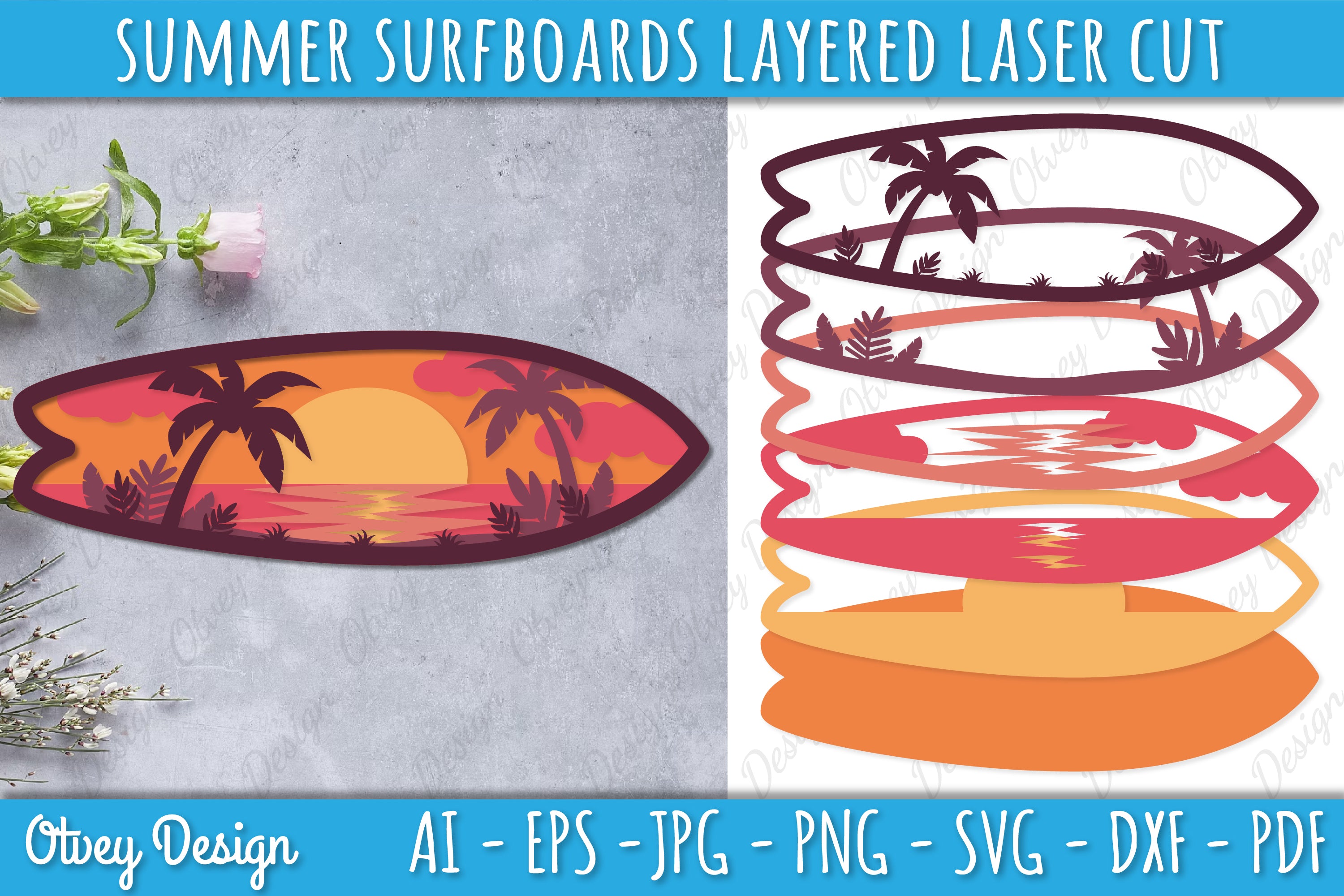 Summer Surfboards Layered Laser Cut SVG Bundle