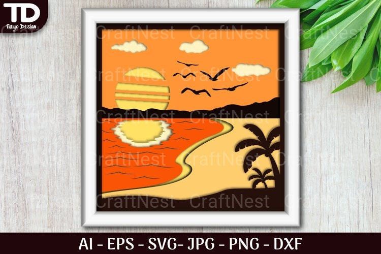 Tropical Beach Sunset D Shadow Box Scene Layered Papercut SVG