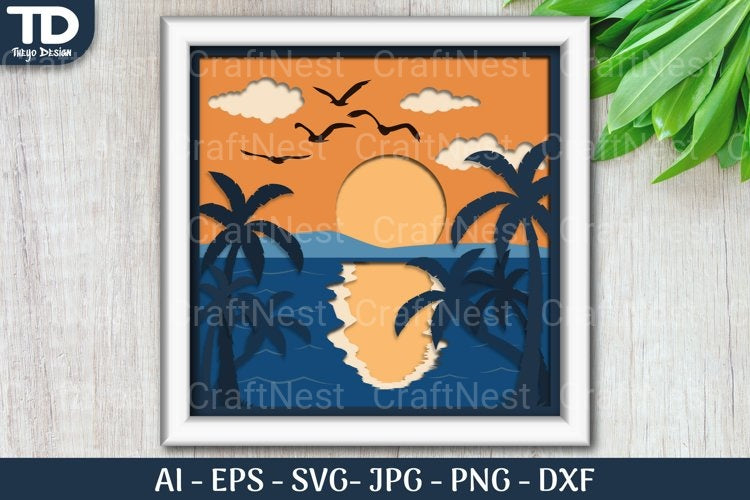 Tropical Beach Sunset D Shadow Box Scene Papercut SVG