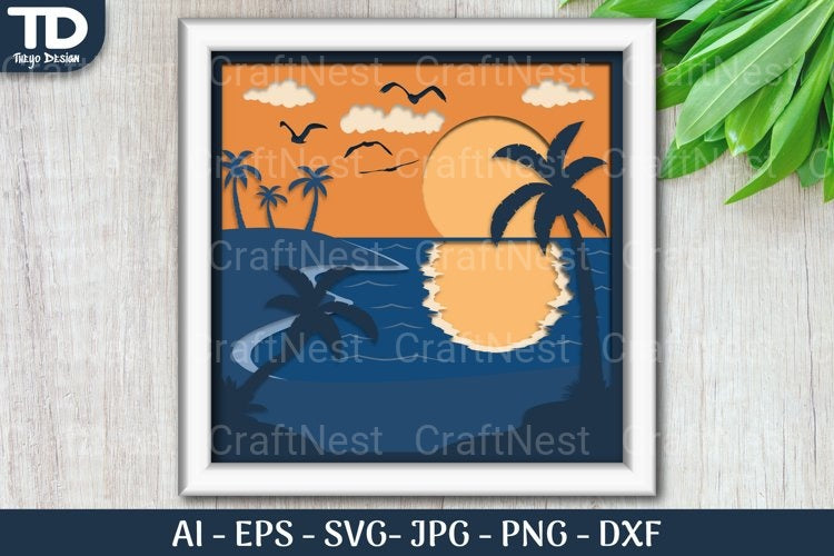 Tropical Beach Sunset D Shadow Box Scene Papercut SVG