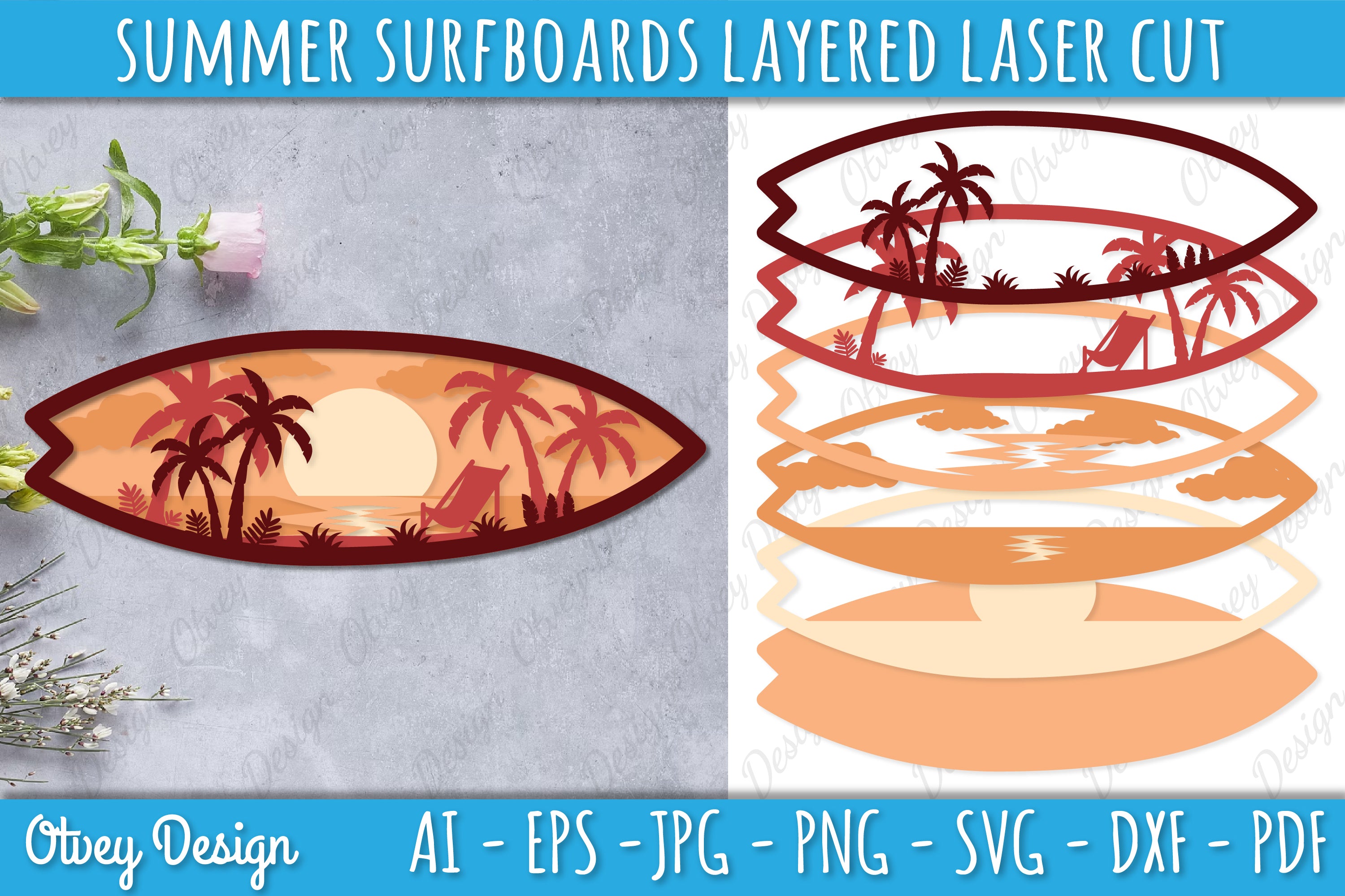 Summer Surfboards Layered Laser Cut SVG Bundle