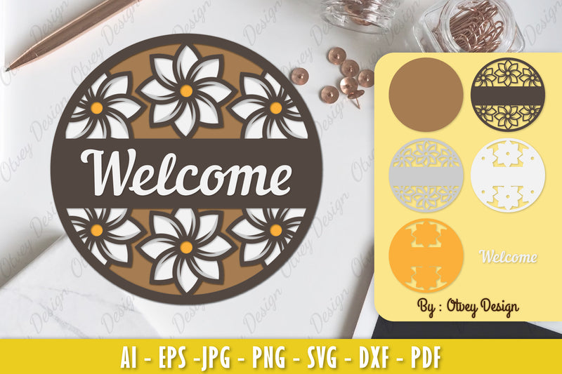 Champa Flower Welcome Sign Layered Lasercut SVG Bundle - CraftNest - Digital Crafting and Art