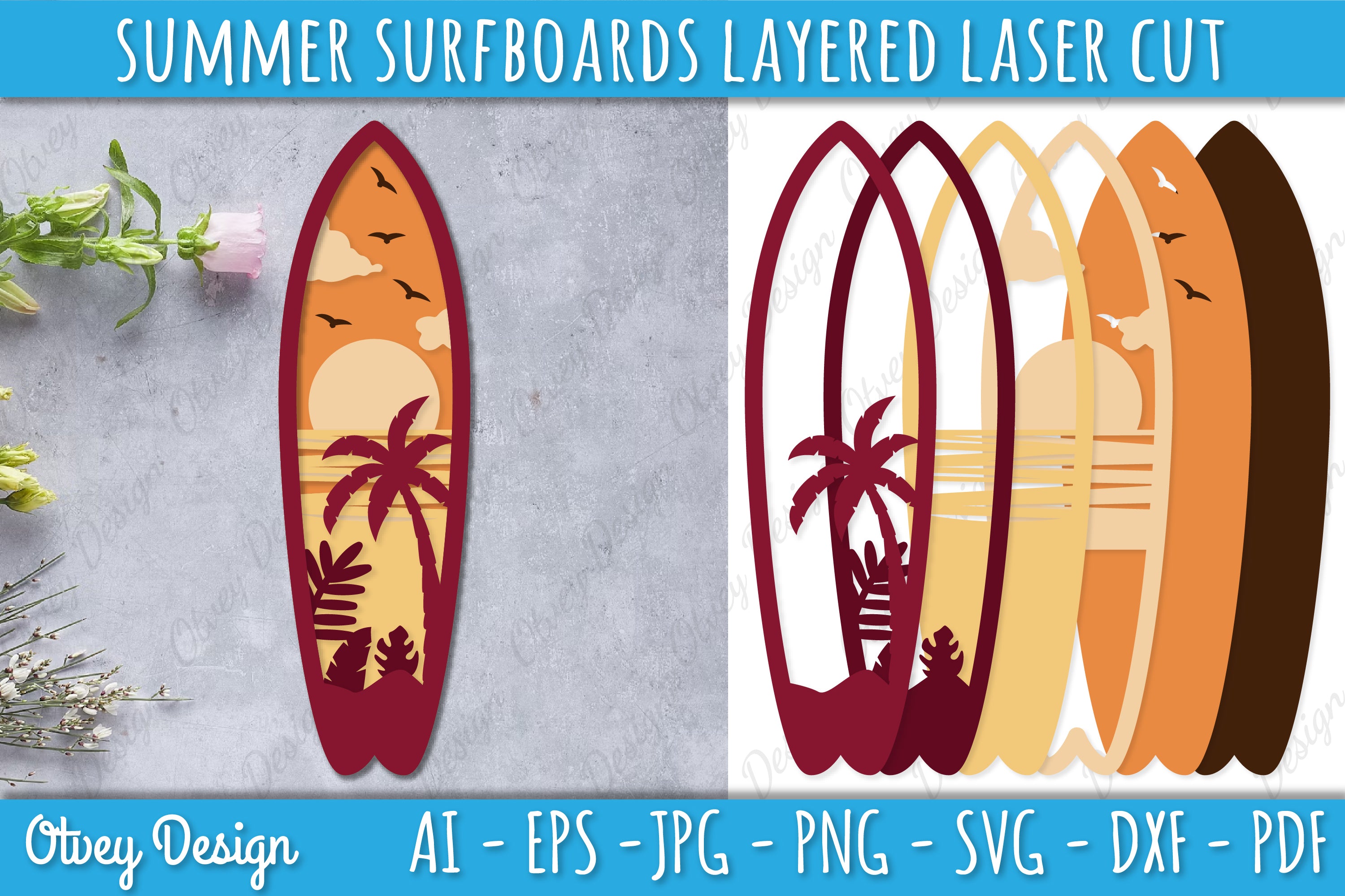 Summer Surfboards Layered Laser Cut SVG Bundle