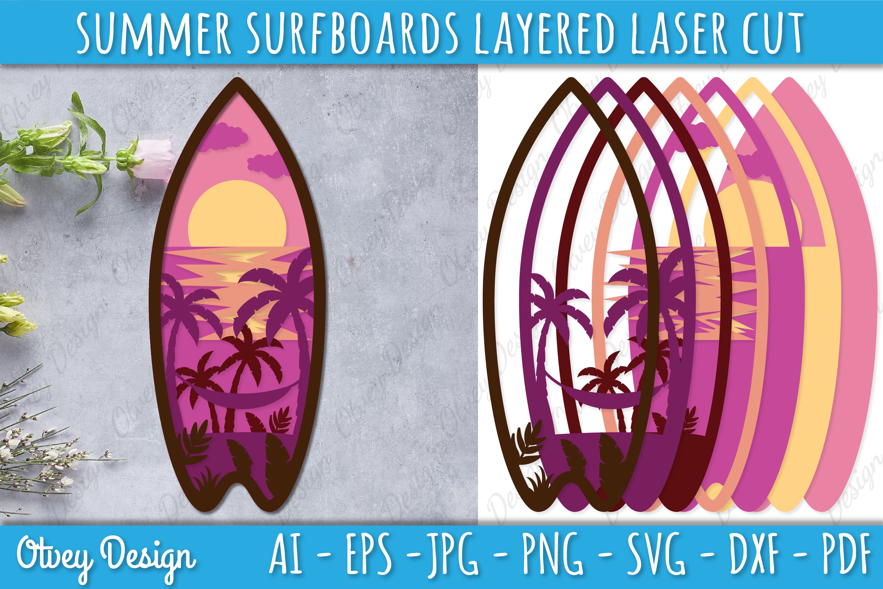 Summer Surfboards Layered Laser Cut SVG Bundle