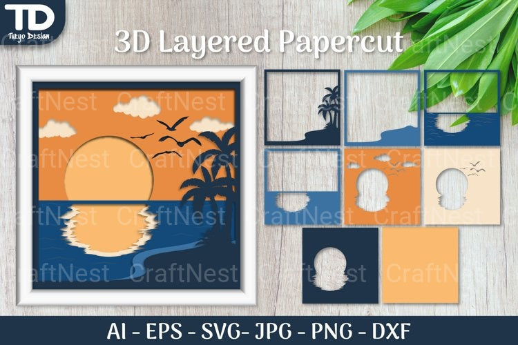 Tropical Beach Sunset D Shadow Box Scene Papercut SVG