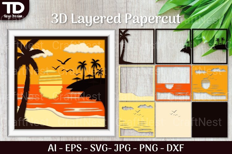 Tropical Beach Sunset D Shadow Box Scene Papercut SVG