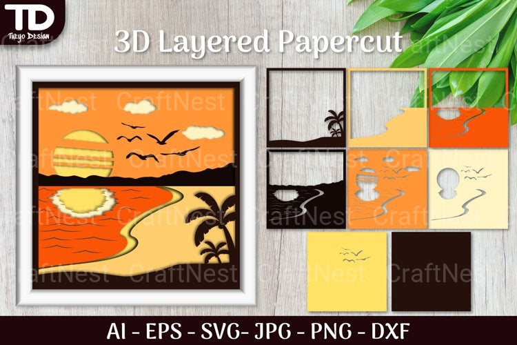 Tropical Beach Sunset D Shadow Box Scene Layered Papercut SVG