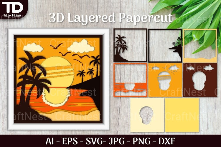 Tropical Beach Sunset D Shadow Box Scene Papercut SVG