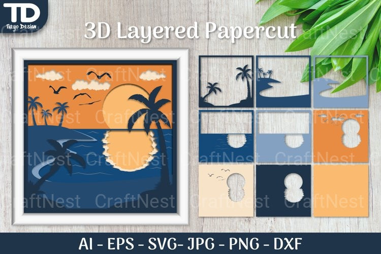 Tropical Beach Sunset D Shadow Box Scene Papercut SVG