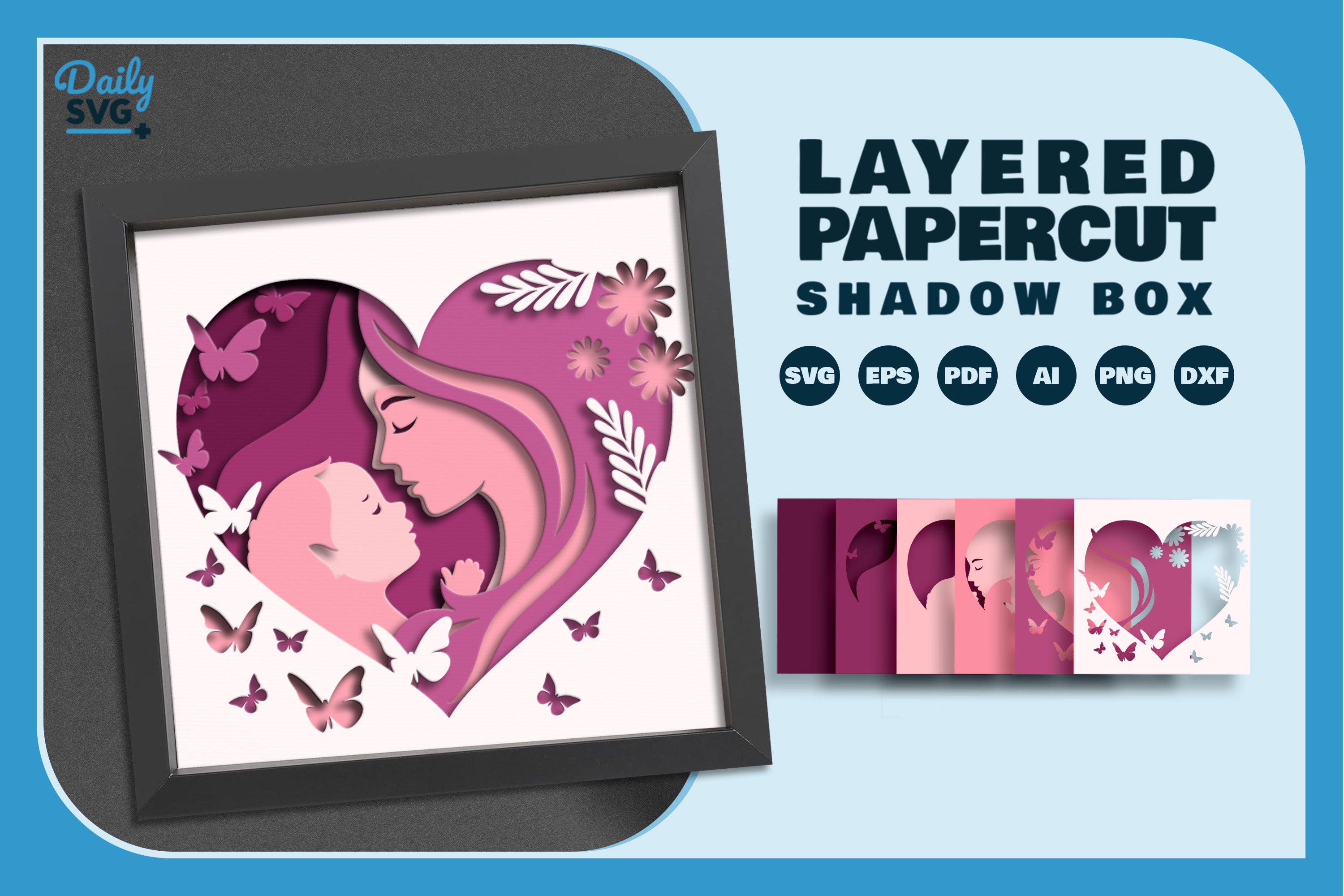 Mom and Baby Girl Heart Shape Papercut SVG Bundle