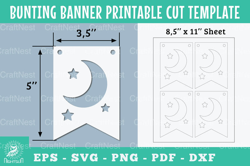 Moon and Stars Bunting Banner Template - Printable Cut Design - CraftNest - Digital Crafting and Art