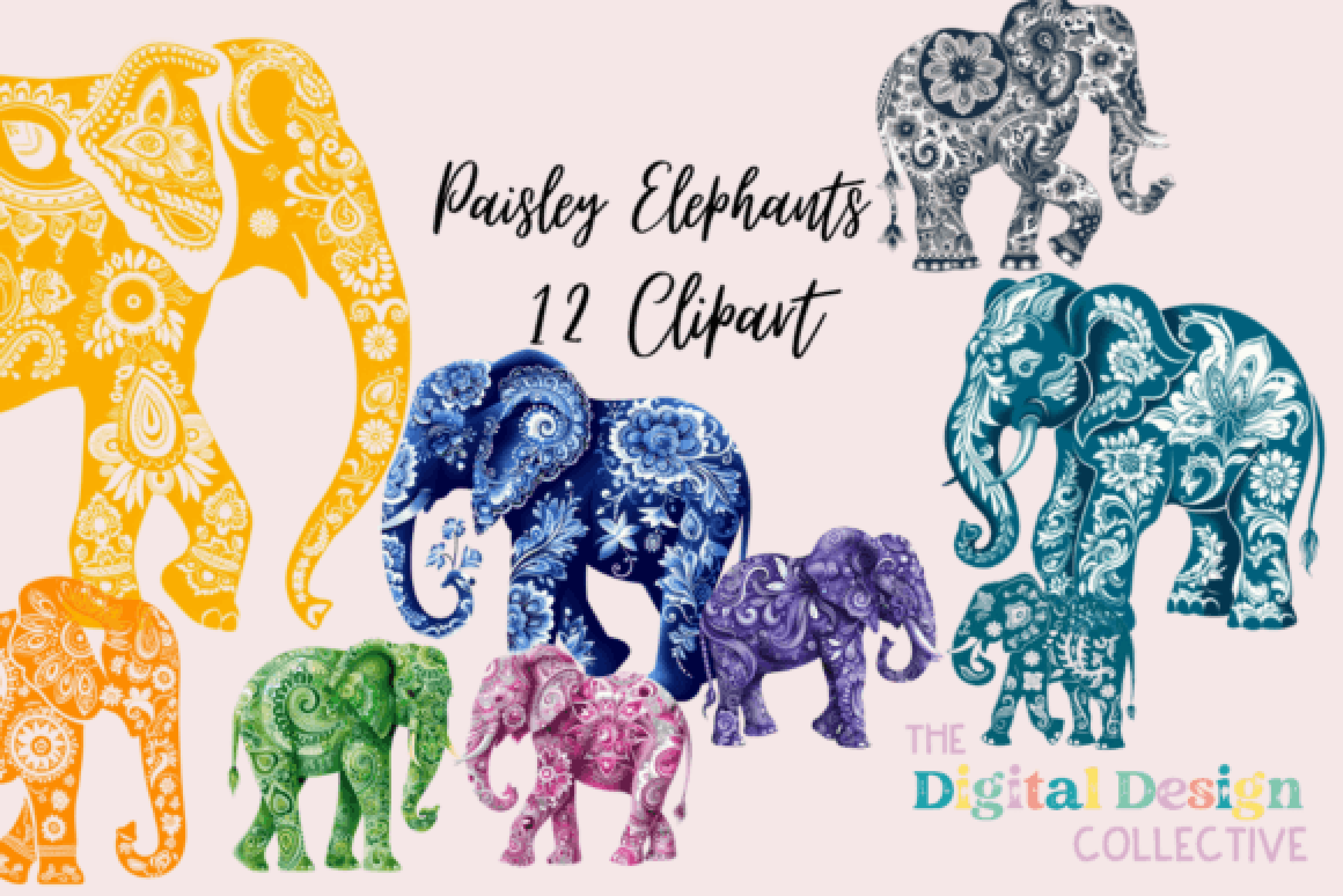 Vibrant Multicolored Paisley Elephant Clipart Bundle