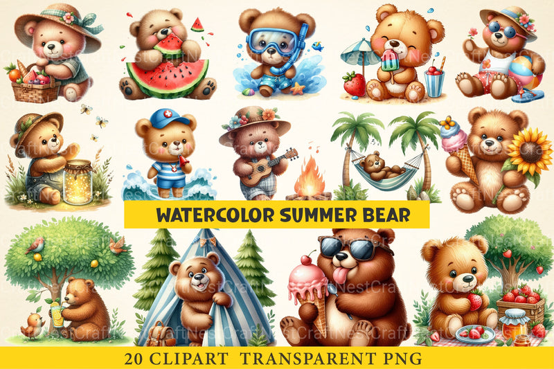 Summer Bear Clipart Bundle - CraftNest - Digital Crafting and Art