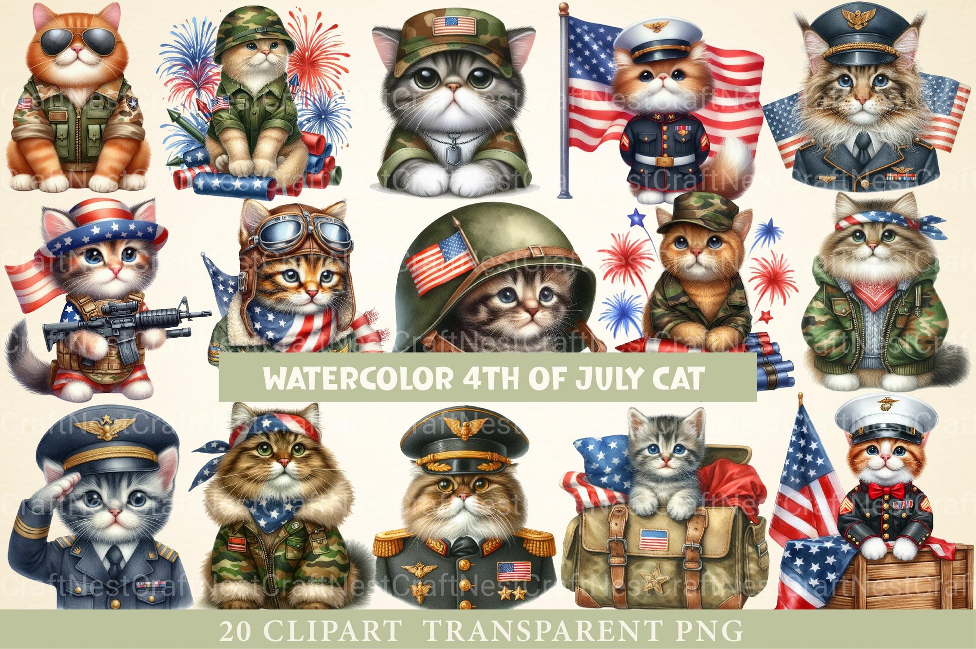Cat in Military Clothes 4th of July Patriotic Clipart Cat Cl - CraftNest - Digital Crafting and Art
