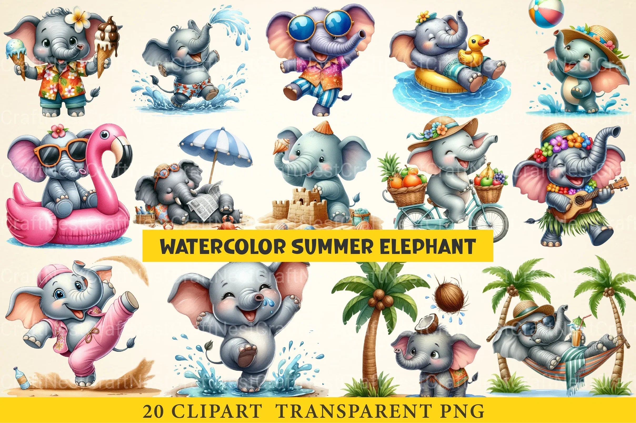 Summer Elephant Clipart Bundle - CraftNest - Digital Crafting and Art