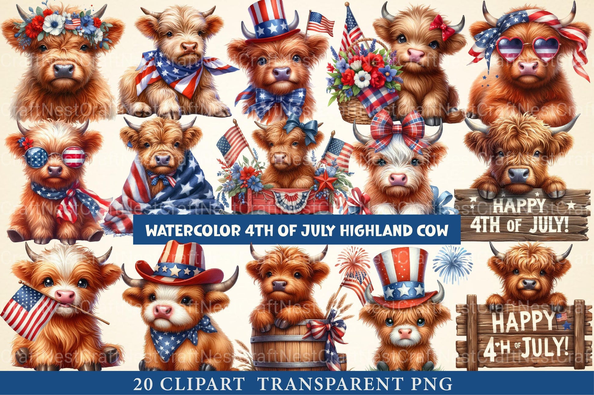 July 4th Highland Cow Clipart - CraftNest - Digital Crafting and Art
