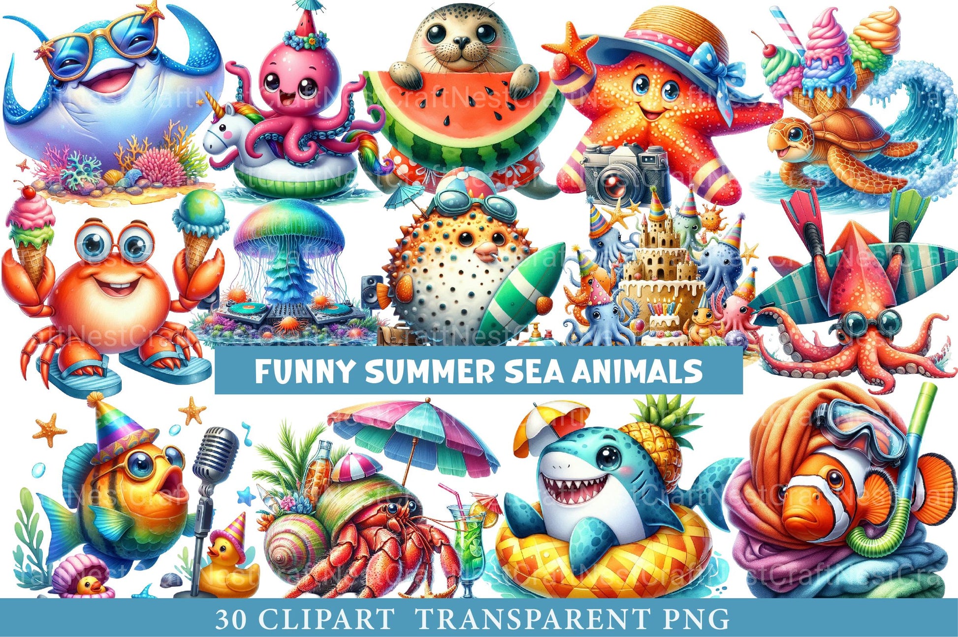 Funny Summer Sea Animals Clipart - CraftNest - Digital Crafting and Art