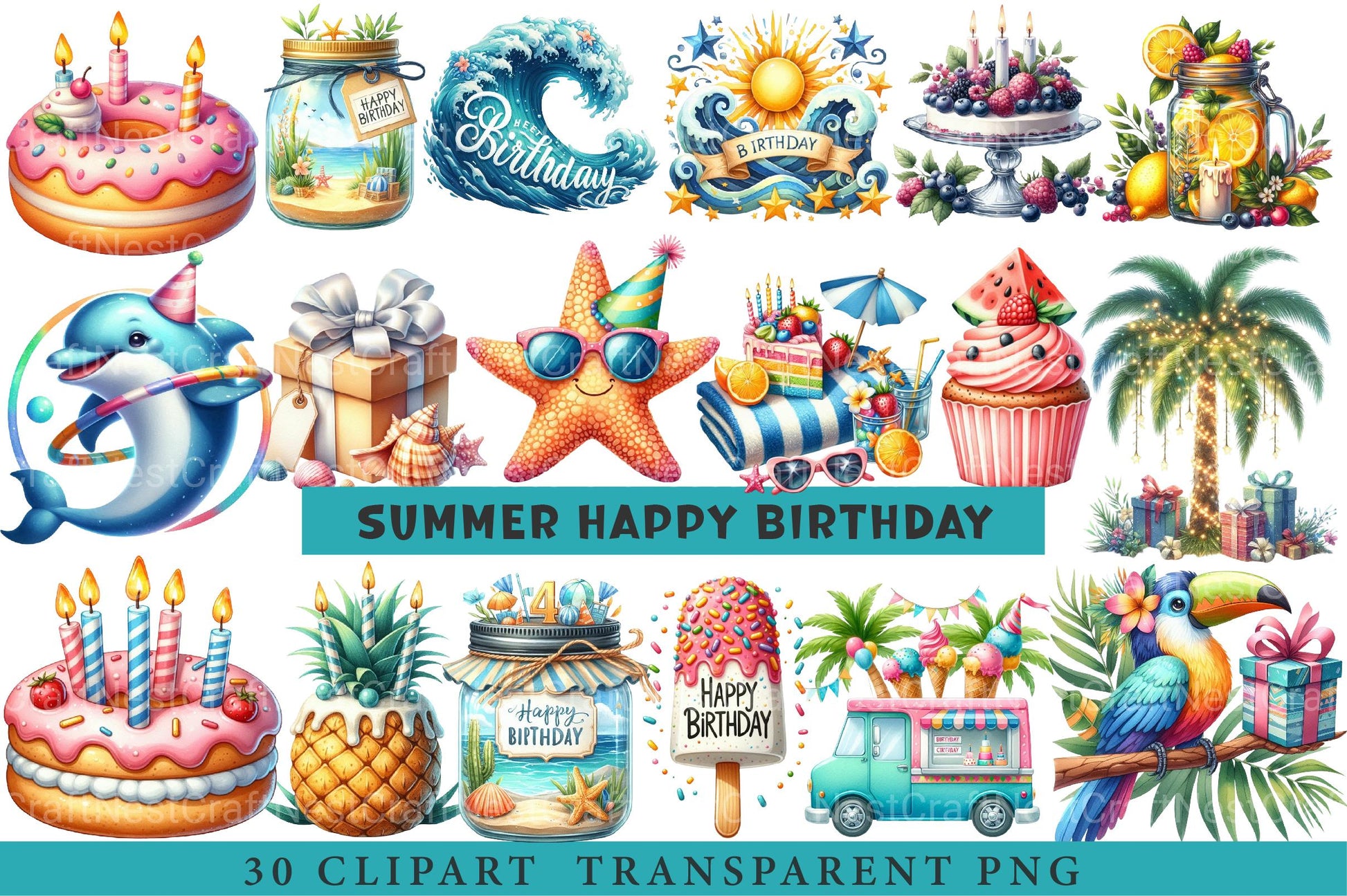 Summer Happy Birthday Clipart - CraftNest - Digital Crafting and Art